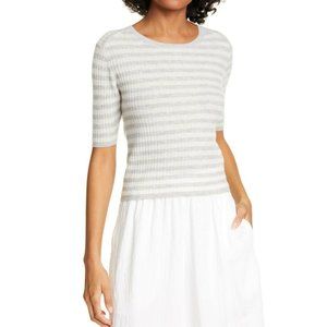 Vince Stripe Rib Cashmere Sweater T-shirt gray white shirt sleeve pullover sz S